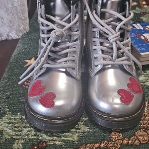 Dr. Martens Kids Silver Lace-Up Boots with Red Heart Accents